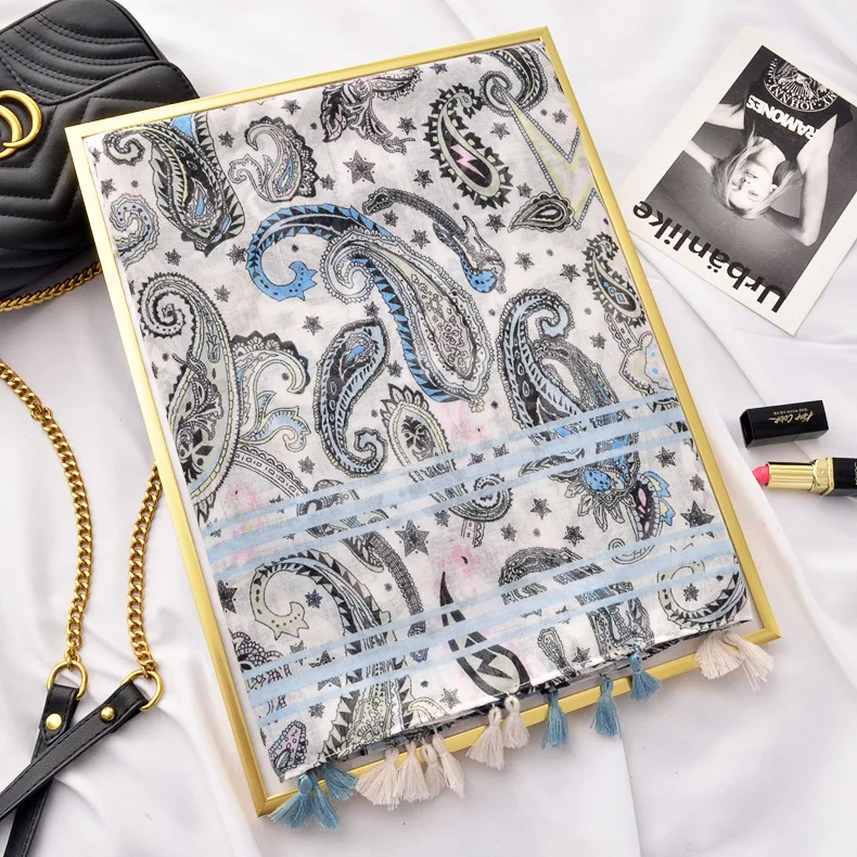 Новый Дизайн Модный племя сине белый фарфоровый принт хлопковый и льняной шарф