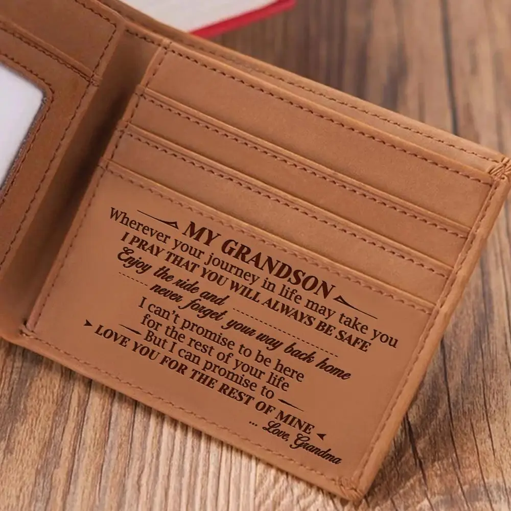 

VE6002 TO MY GRANDSON Men's Genuine Engraving Laser Leather Card Holder Bifold Wallets Purses Birthday Graduation Gift