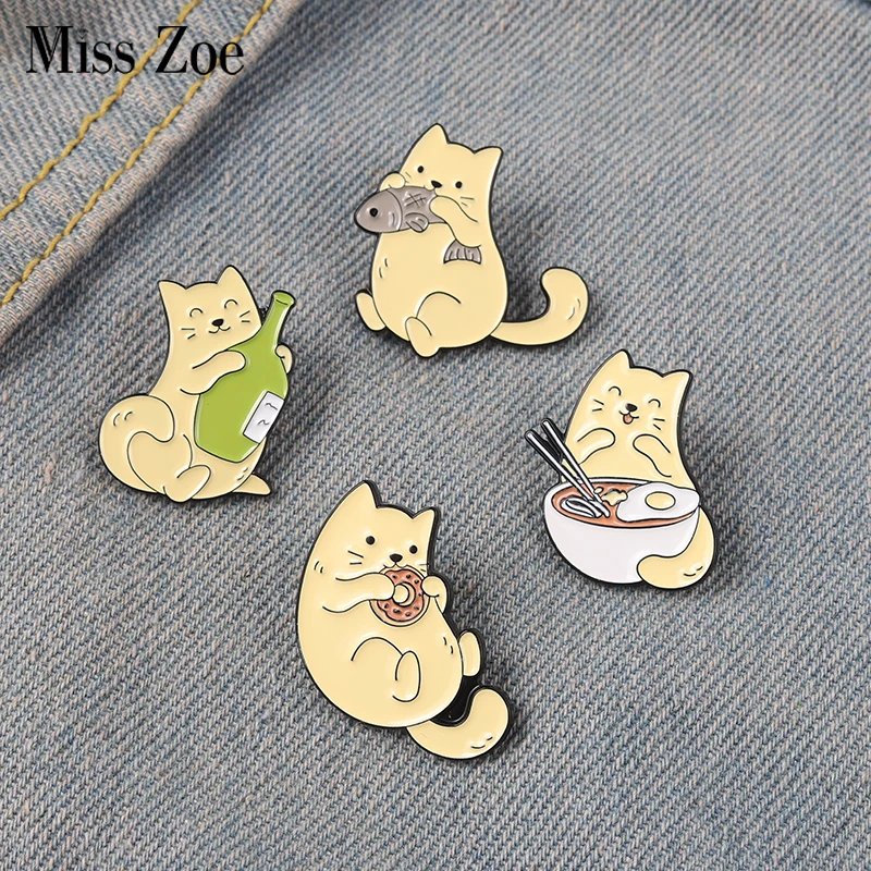 

Cat and Fish Enamel Pins Cat Eating Food Donuts Noodle Badge Sweet Cute Pinback Buttons Accessories Animal Cat Lover Gifts