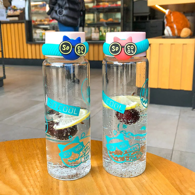 Бутылка для воды тренд Мультфильм Крутой Кот Печать прозрачное стекло Открытый