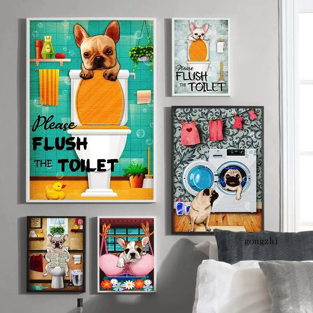 

Please Flush The Toilet Quote Cartoon Poster Funny Dog Pictures Animal Prints Kids Room Wall Art Canvas Painting Bathroom Decor