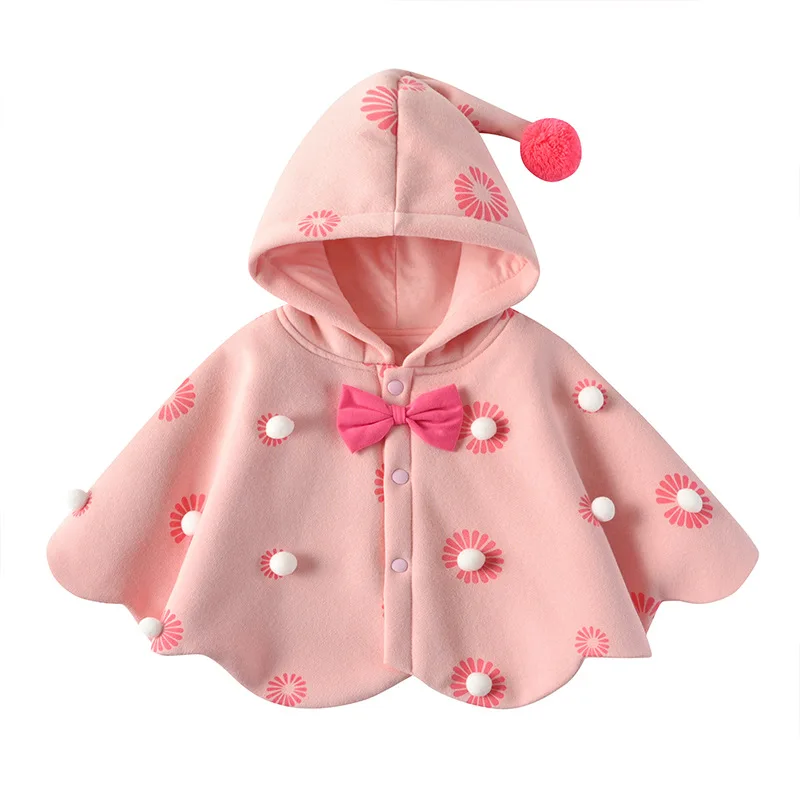 

2021 Baby Autumn/winter New Cloak Clothes Girls Cute Pink Flower Jakcet Warm Cartoon Shawl Coat Children Casual Hooded Outwear