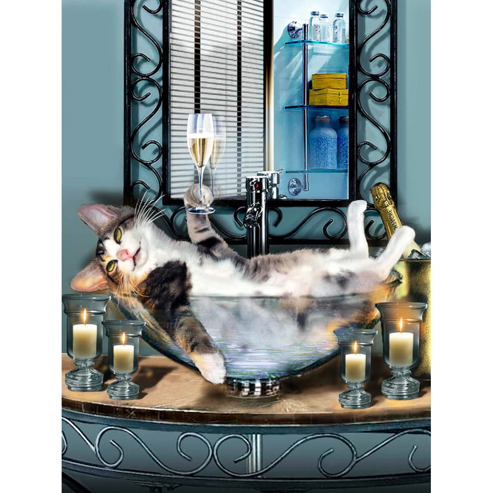 5D DIY Алмазная вышивка ванная комната фантазия Кот пейзаж Картина Вышивка крестом