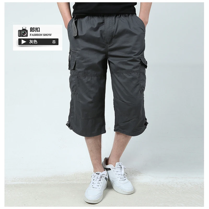 

Summer men's work clothes thin high waist straight tube pants with multiple pockets outdoor pure cotton casual zipper Capris
