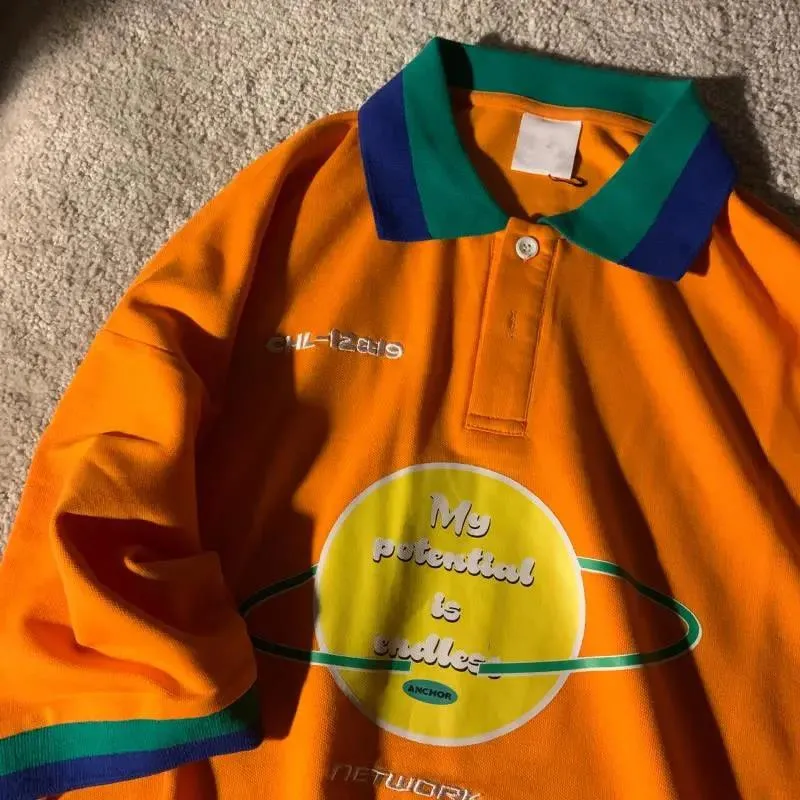 

Fashion Polo Embroidery Shirt Funny High Street Patchwork Shirt Fashion Loose T Shirt Hip Hop Summer Couple Oversize T Shirt Men