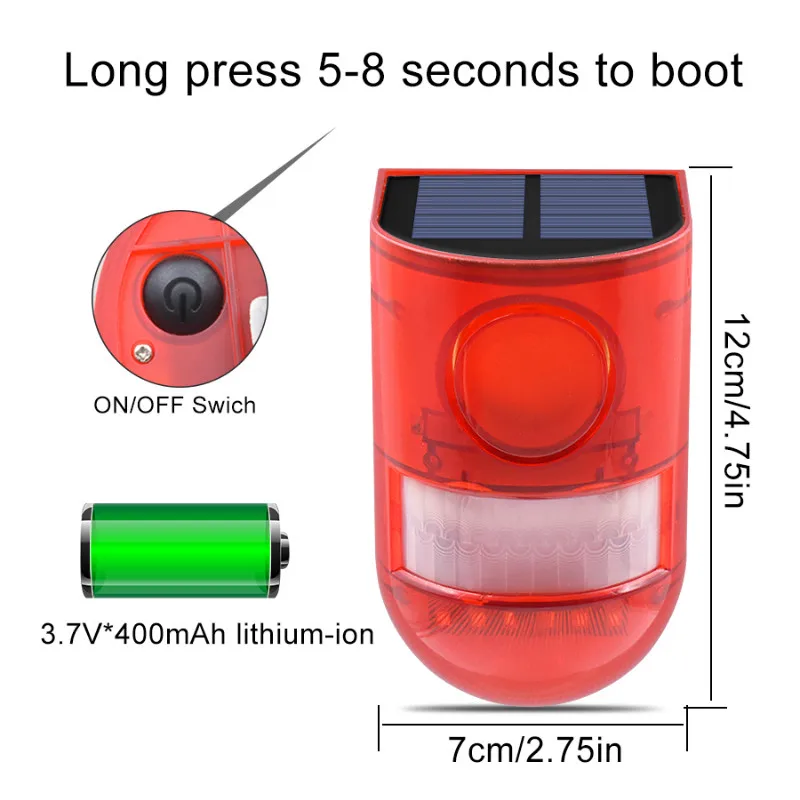 Солнечная сигнальная лампа 110 дБ Предупреждение ющий звук 6led красный светильник