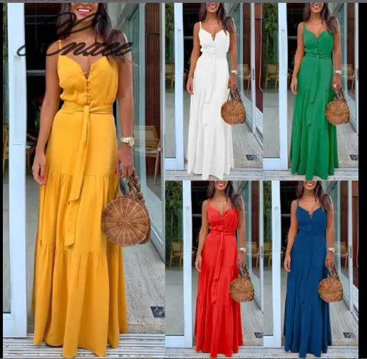 

Xnxee 2020 summer new European and American women's personalized button V-neck stitching strap dress