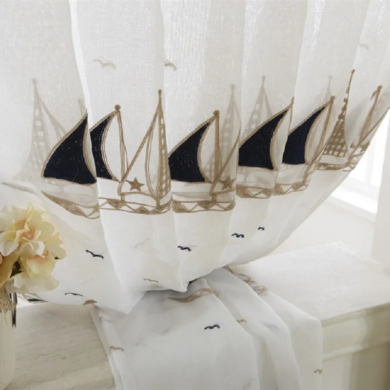 

Blue Sailboat Embroidered Tulle Curtain For Kids Boys Nursery Cartoon Cute New Home Decor Bay Window Drapes JS216C