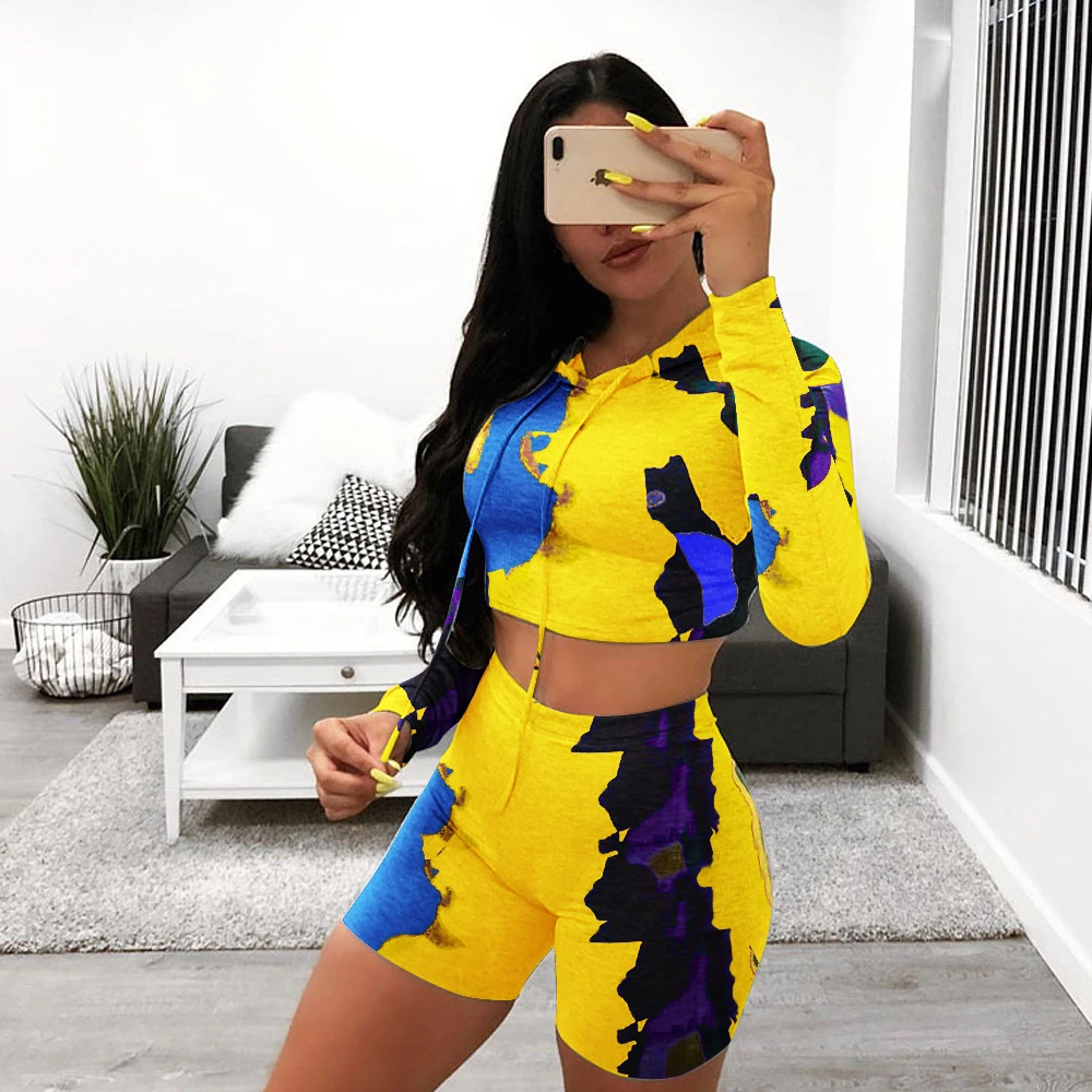 

Zh8511 Europe the United States leisure spring and summer sports women's camouflage long sleeve shorts with cap two-piece set av