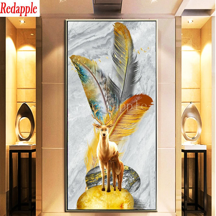 

5d Diy Diamond Painting abstract gold deer feather art diamond rhinestone full square round diamond embroidery mosaic home decor