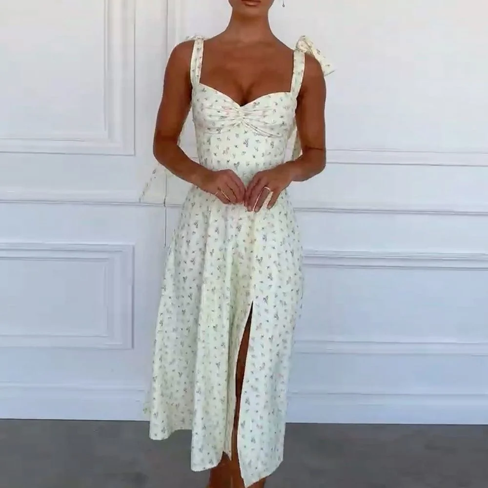 

Floral Print Sleeveless Strap Midi Dresses Party Club Sexy Backless Elegant Split Dress Women