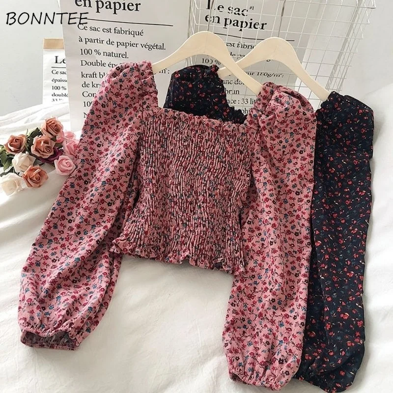 

Puff Sleeve Blouse Women Corduroy Folds Floral Sweet Square Collar Female Cropped Tops Slim Tender College Sexy Cozy Ulzzang Ins