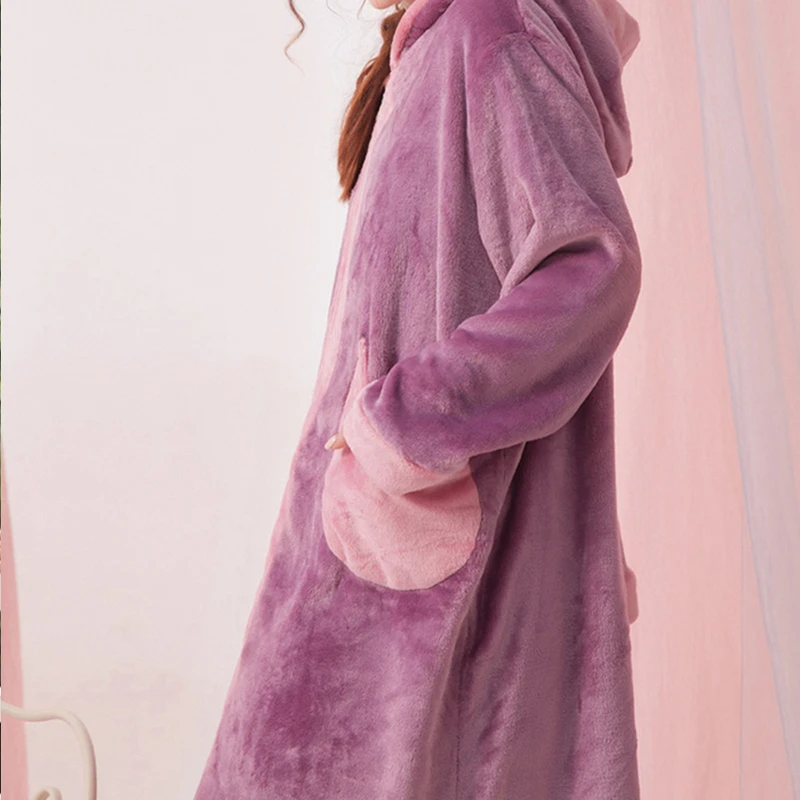 Зимний фланелевый Халат женская теплая Пижама с капюшоном и карманом платье на