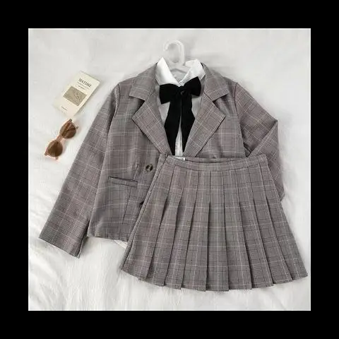 

Women suit New Korean pleated plaid skirt suit coat solid lace up shirt student suit women skirt jackets women suit blazer