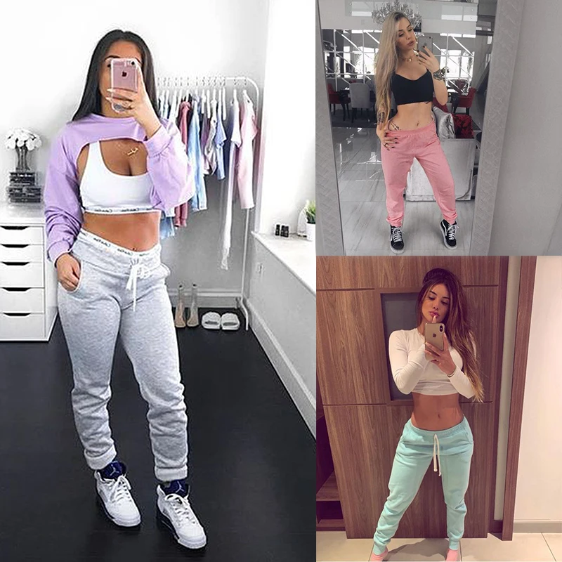 

Womens Korean Casual Trousers Fashion Solid Color High Waist Drawstring Lace up Beam Feet Pants with Pocket