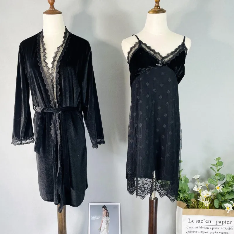 

Халат-кимоно Женский велюровый, комплект из 2 предметов, домашняя одежда, черный халат, ночная рубашка, интимное белье, пикантная кружевная н...