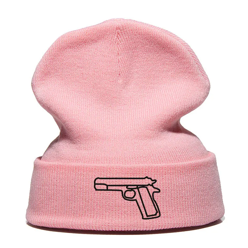 Beanie Hat Skullie Cap Slouchy Winter Embroidered Cool Punk Men Women Teen Street Dance Funny Hip-hop Warm Knitted Hats Gun - Color: Pink