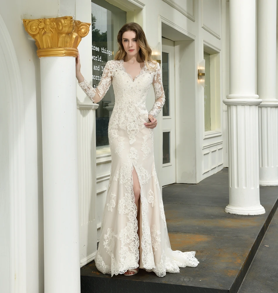 

Muslim Wedding Dresses 2020 Ivory-champagne Full Sleeve Lace Tulle Mermaid Bridal Gowns Trumpet Button Back V Neck Sweep Train