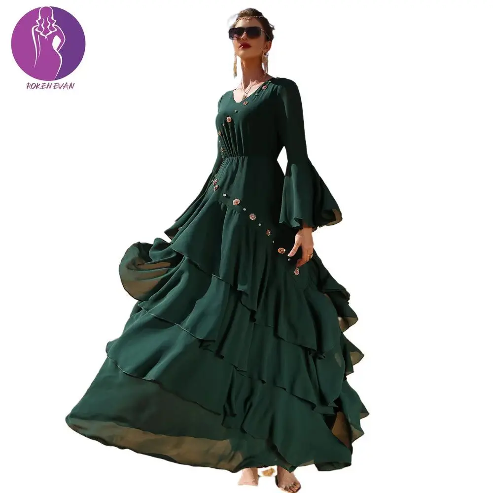 ROKEN EVAN Eid Mubarak Fashion Muslim Robe Abaya Dress for Women Dubai Turkey Arabic Morocco Islamic Clothing Embroidered 2021