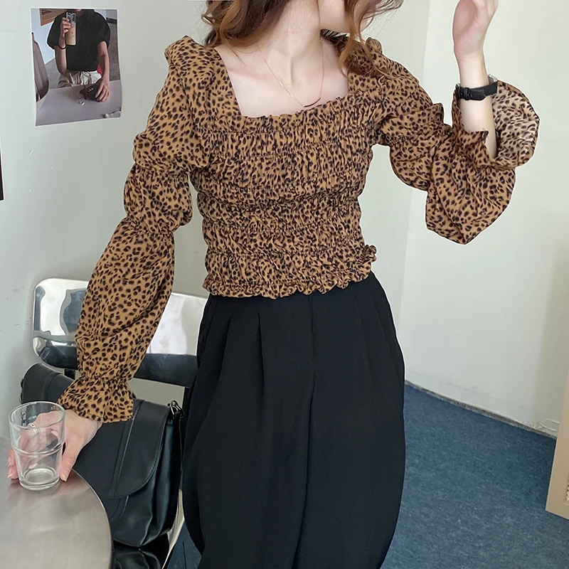 

Shirt Women'S Long-Sleeved Spring Autumn 2021 New Loose Leopard Print Blouse Retro Was Thin Hong Kong Style Bottoming Shirt