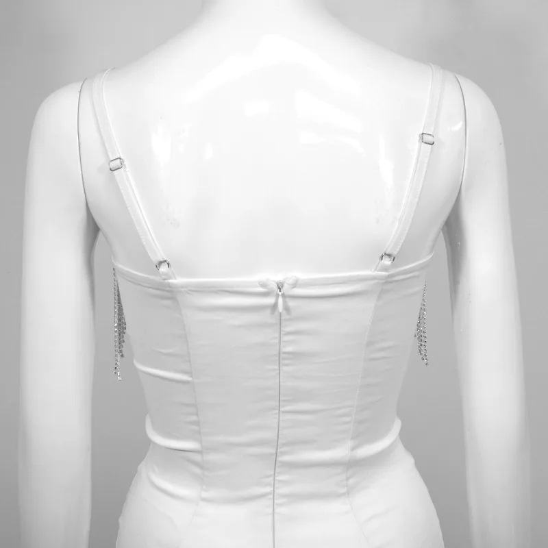 

Sexy Tassel Dress Woman Spaghetti Strap Backless Party Night Dresses Elegant Wihte Bodycon Shiny Dress Fashion Sleeveless