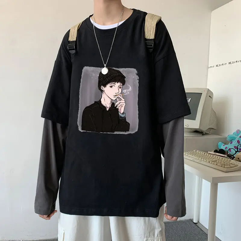

Men Long Sleeve T-shirt Male Clothes Hiphop Boys Casual Bottoming Shirt O-neck Streetwear Splicing Fake Two Pieces Spring Tops