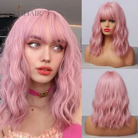 easihair pink bob synthetic wigs with bangs colorful water wave wigs for women medium length cute cosplay wigs heat resistant