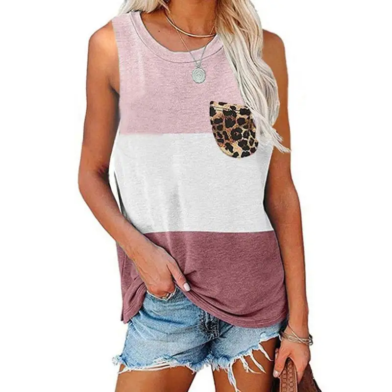 

New Summer Casual Loose Color Matching Leopard Print Plus Size T-shirts Neck Pocket Tops Vest Top Women's Sleevevless T8Y9
