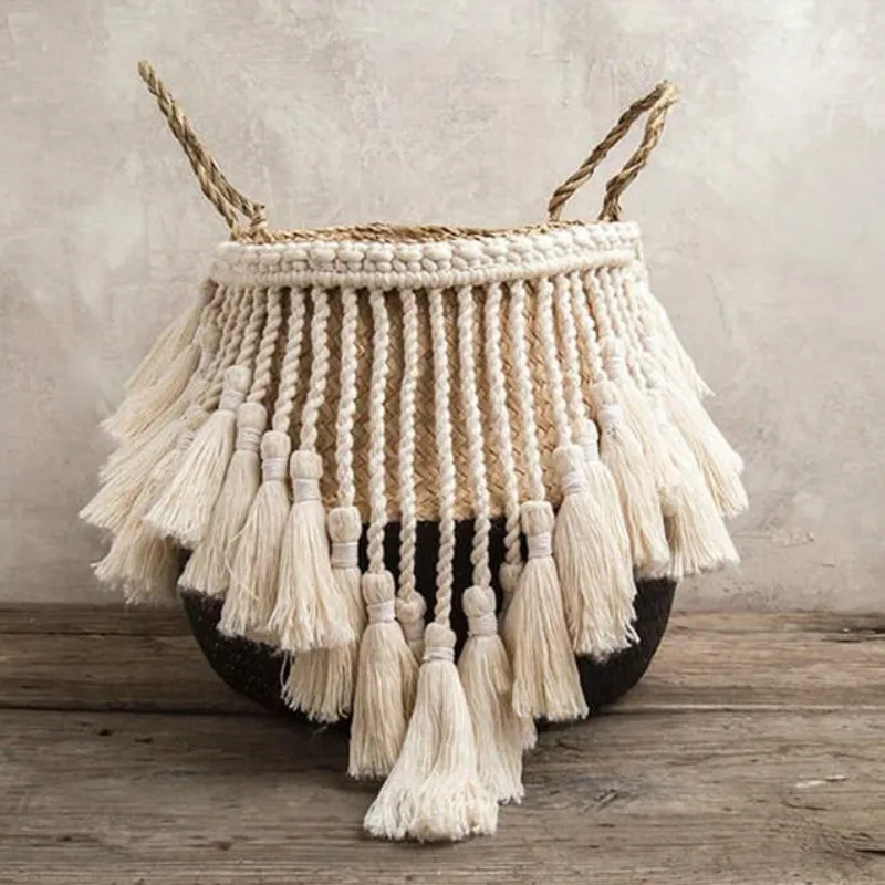 

Macrame Tassel Wicker Basket Handmade Boho Decor Garden Flower Pots Study Room Storage Rattan Basket Home Organizer Laundry