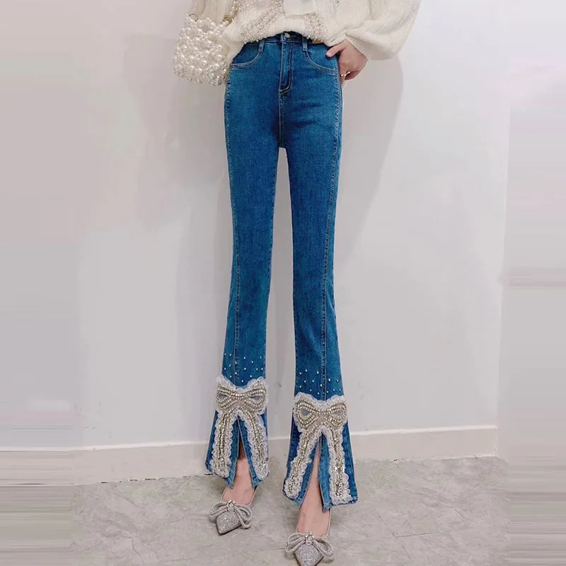 

Heavy Industry Beads Jeans 2021 New Korean Style Sweet Bow Slit Hemline at Hem High Waist Slim-Fit Micro Flared Pants
