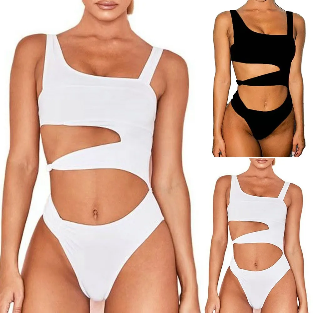 

Sexy One Piece Swimsuit Women Swimwear Push Up Monokini Padded Bikini Swimsuits Ladies Solid Color Irregular Hollow One-Piece
