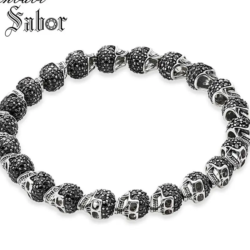 Thomas черные циркониевые проложенные бусины с черепами браслет эластичный в виде