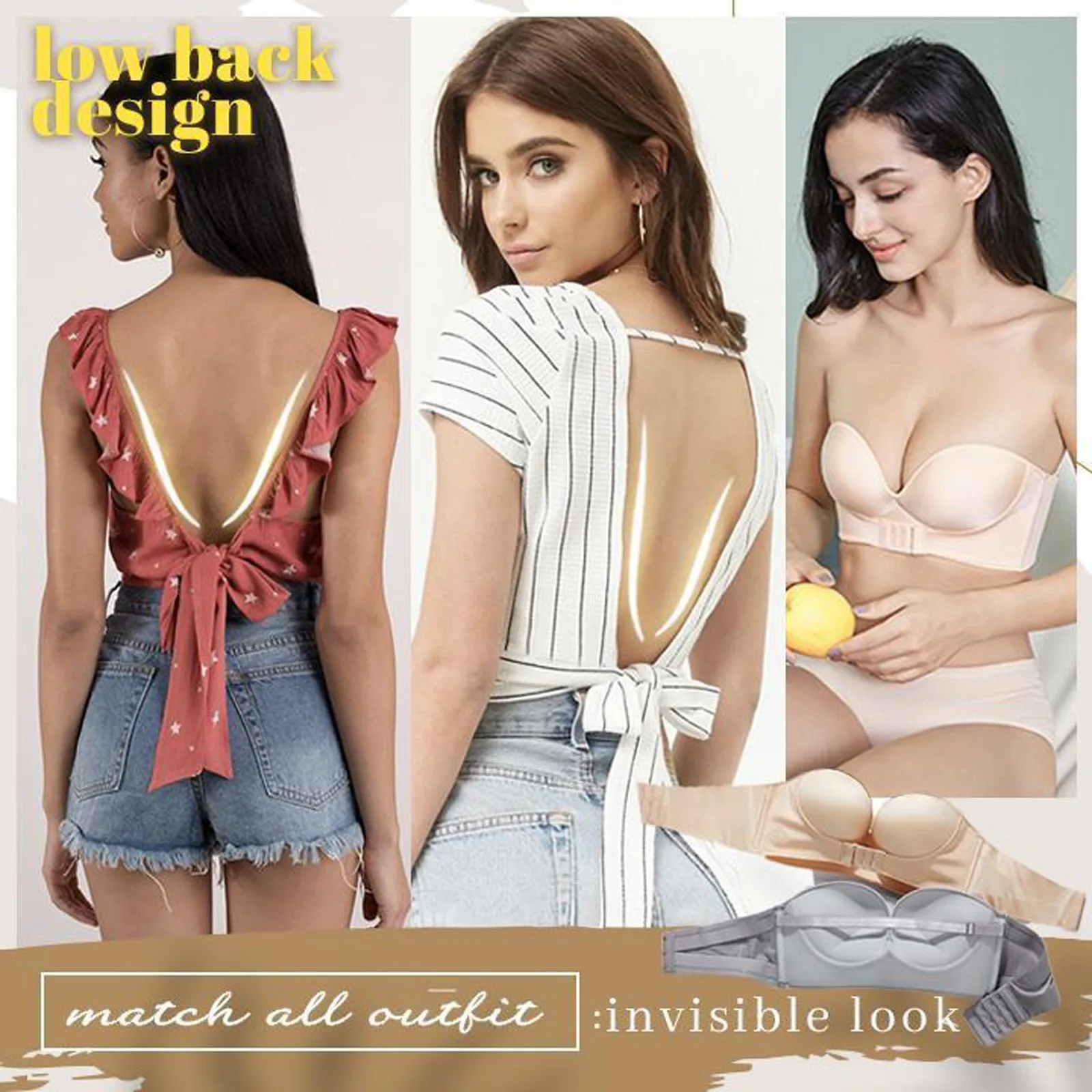 

Women Sexy Bra Strapless Front Buckle Lift Bra Push Up Non-Slip Adjustment Rimless Underwear Lingerie Bras
