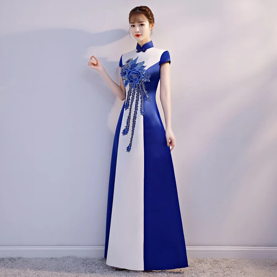 sexy Standing collar Blue and white porcelain improved cheongsam Embroidery Chinese evening dress Vestidos Size S-XXL | Тематическая