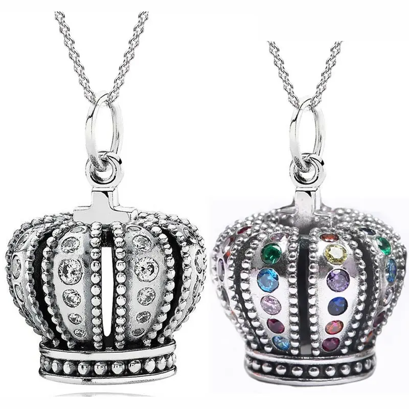 

100% 925 Sterling Silver Big Royal Crown With Colorful Crystal Necklace Fit Fashion Bead Charm Trendy DIY Jewelry