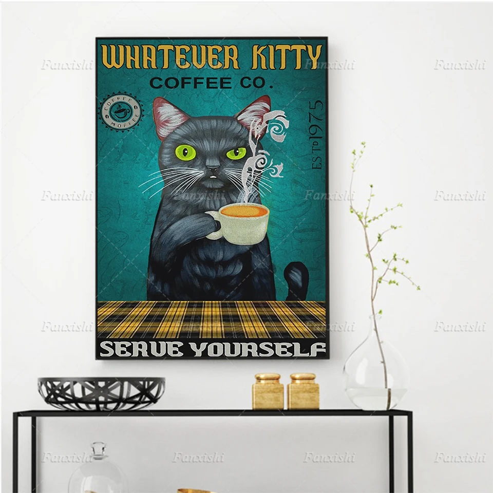 

Cat Whatever Kitty Coffee Co Serue YourSelf Retro Posters and Prints Wall Art Painting Canvas Animal Modular Pictures Home Decor