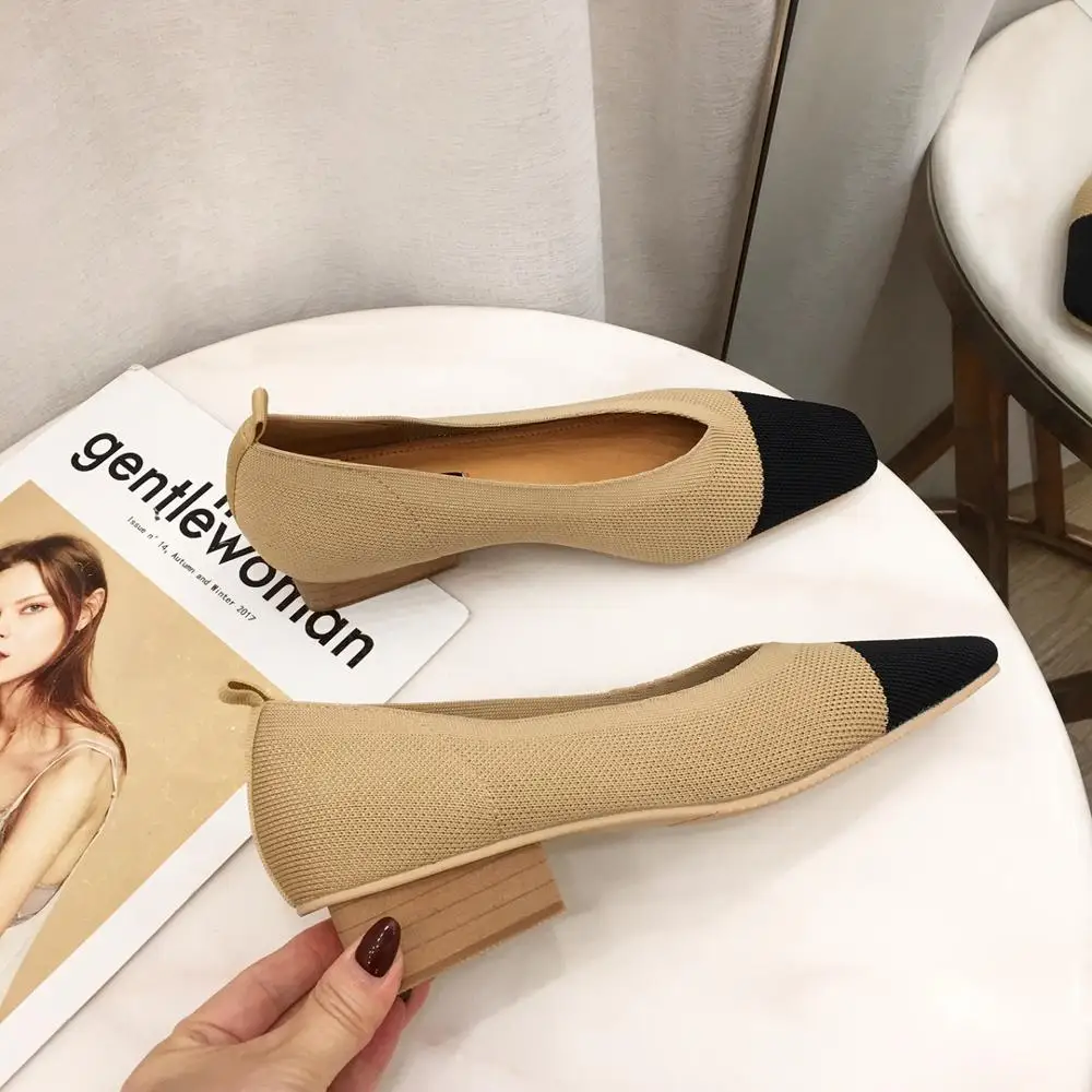 Новые женские туфли-лодочки sapato feminino; Дышащие Трикотажные Мокасины с острым носком и квадратным носком; Разноцветные лоферы; женская обувь с гибкой подошвой на каблуке