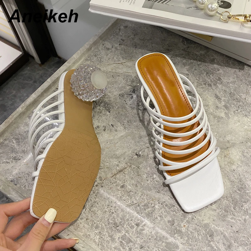 

Aneikeh NEW Sandals Women 2021 Summer Round Heels PU Ladies Outside Fashion Peep Toe Slippers Concise Solid Rome Shallow Riband