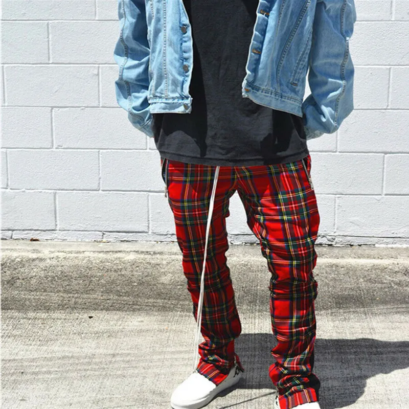 Mens Casual Pants Scotland Plaid Long Trousers Side Zipper Tracksuit Fitness Elastic Cotton Workout Male Modis | Мужская одежда