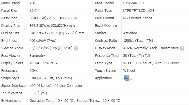 15, 6-    UHD B156ZAN03.3  B156ZAN03.0 LP156WFG-SPF2 B156HAN08.2 15, 6*3840 EDP 40