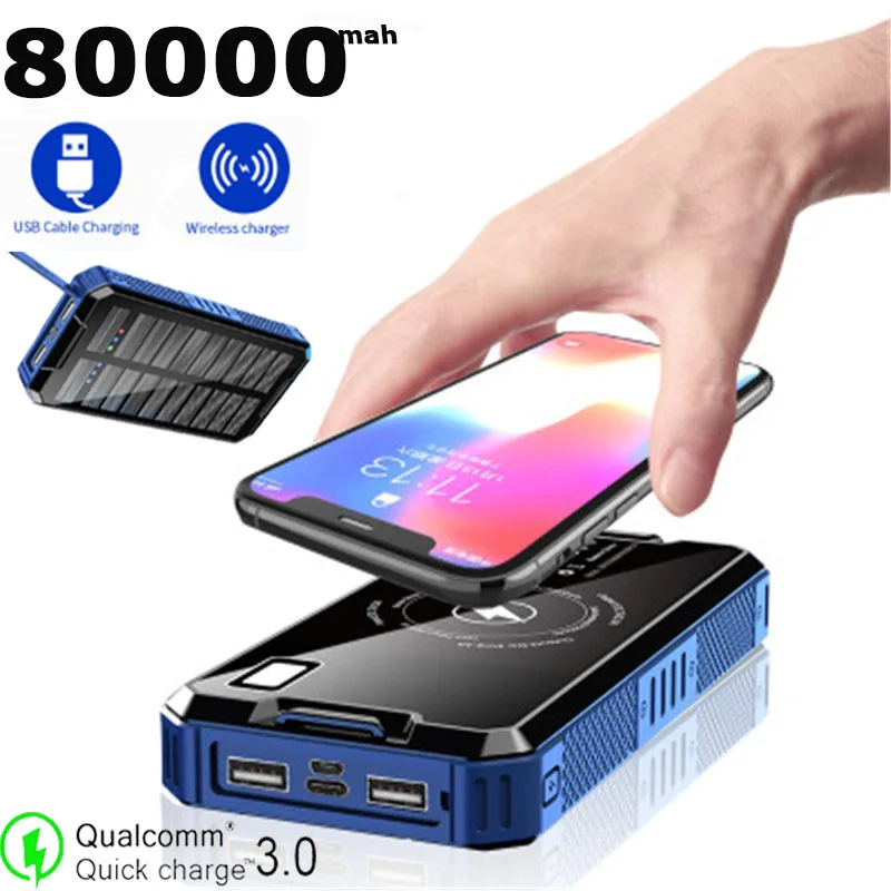 80000mAh Солнечное беспроводное переносное зарядное устройство быстрой портативное