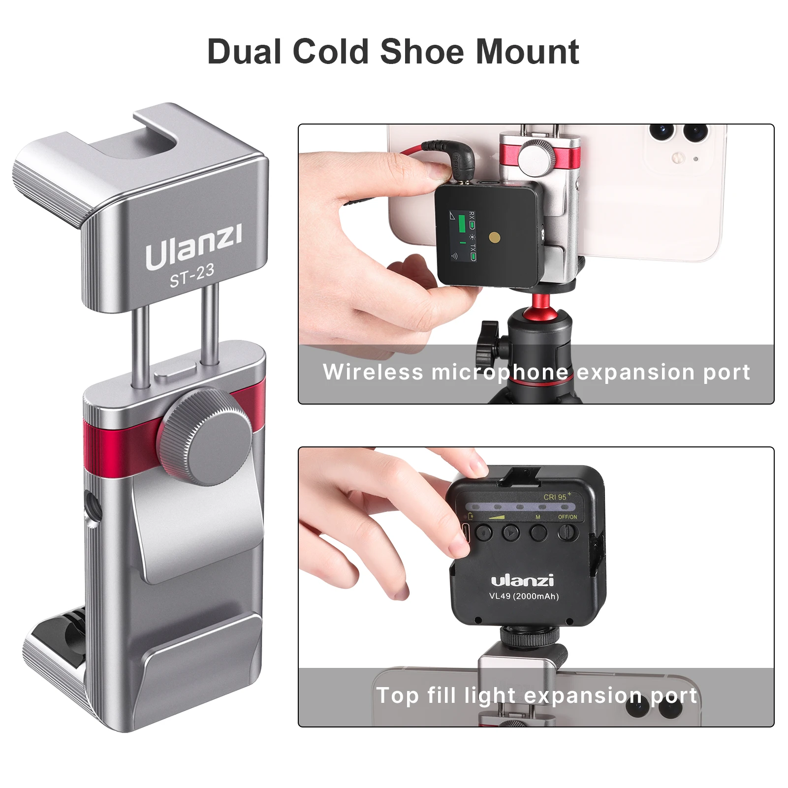 

Ulanzi Foldable Phone Clamp Holder Mount Adapter with Cold Shoe Mount Triple 1/4-inch Thread for Smartphone Microphone LED Light