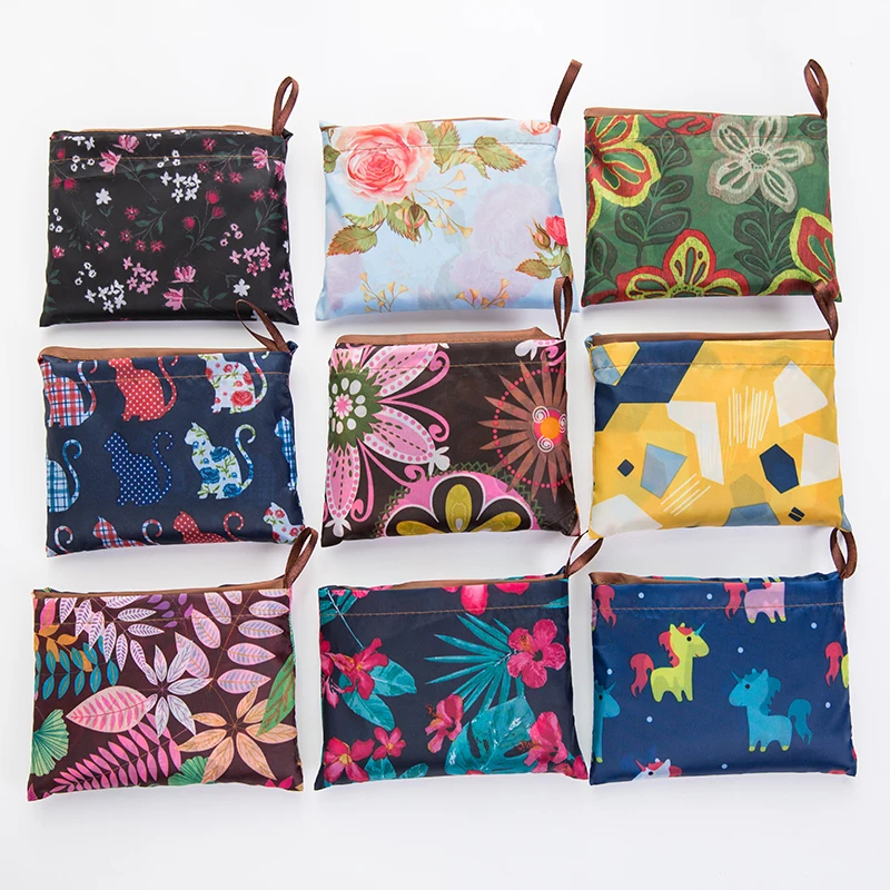 

New Tote foldable Colors Reusable Polyester Portable Shoulder Handbag Cartoon green Folding pouch shopping bag