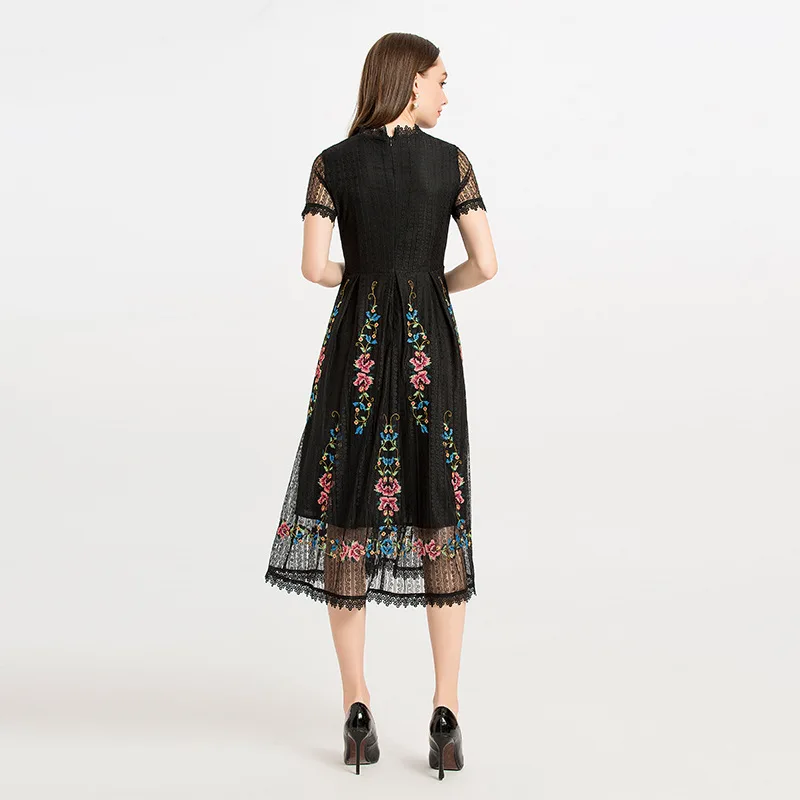 

Slim Fit & Flare 2020 Spring Summer Party Vintage Women Sexy Tulle Mesh Embroidery Short Sleeve Mid-Calf Black Dress Festa