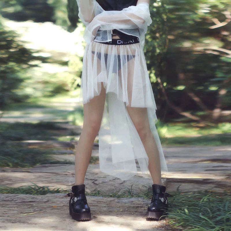 

Прозрачная сетчатая длинная юбка для косплея с экзотической марлевой надписью, трапециевидная Женская юбка из тонкой пряжи с высокой талие...