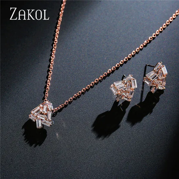 Rose Gold Color ZAKOL изысканный багет кубический циркон Свадебный набор украшений для женщин девушка мода треугольник ожерелье и серьги набор FSSP343 - Окраска металла: Rose Gold Color