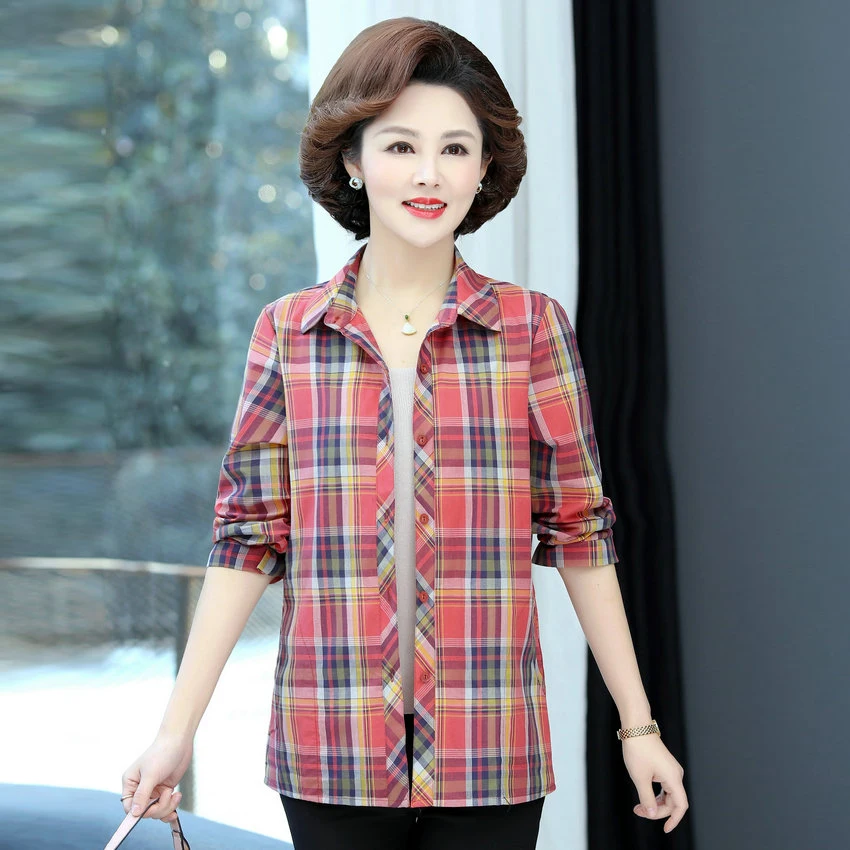 Женская рубашка в клетку среднего возраста зеленая оранжевая красная весенняя с