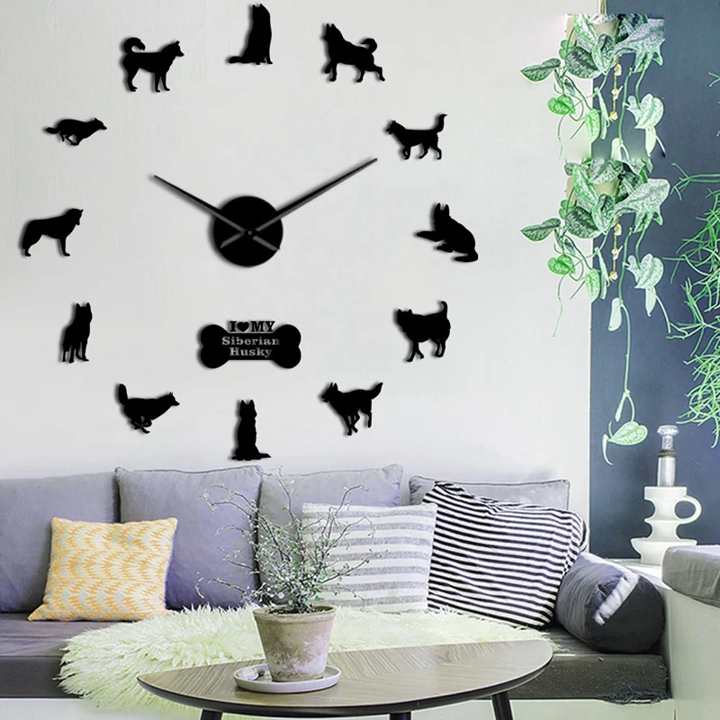 Сибирский хаски русская собака порода Diy большие настенные часы самоклеющиеся
