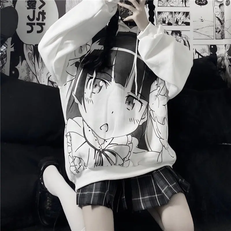 

Cartoon Hoodie Streetwear Hip Hop Women Amine Gothic Harajuku Sweatshirts Casual Autumn High Street Hoodies Funny White Tops