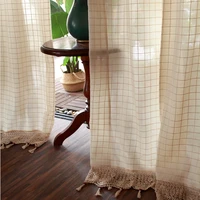 pastoral linen plaid curtains with tassels american rural grid cotton yarn hand crochet cortinas window deco fabrics for bedroom